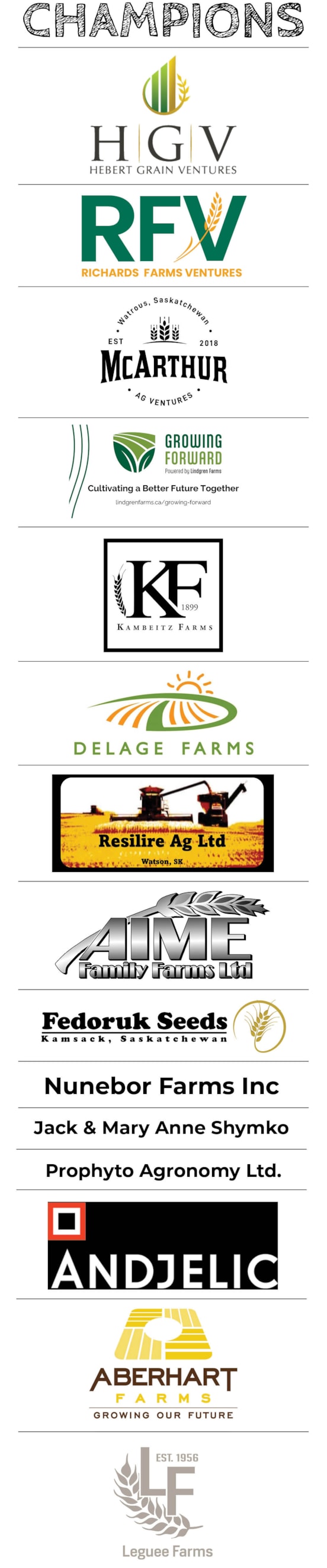 Logos and names of farms that are supporting the Acres for Education campaign.